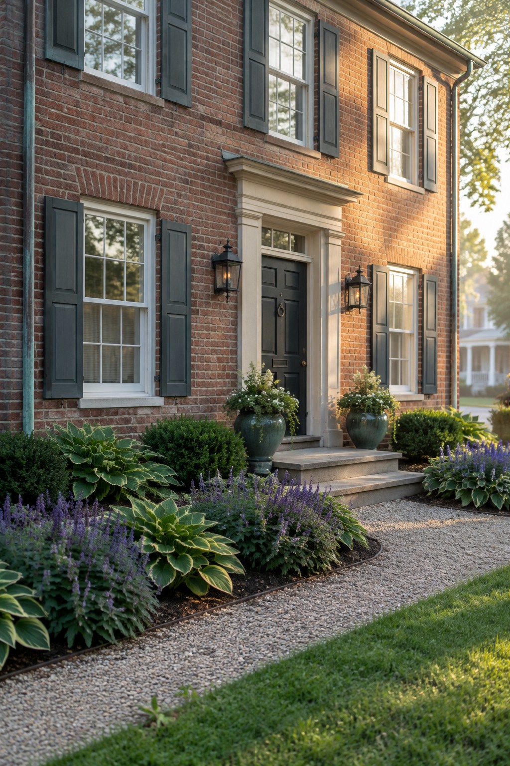 A curved gravel path runs beside a front garden bed with hostas and purple flowering plants near a brick house.