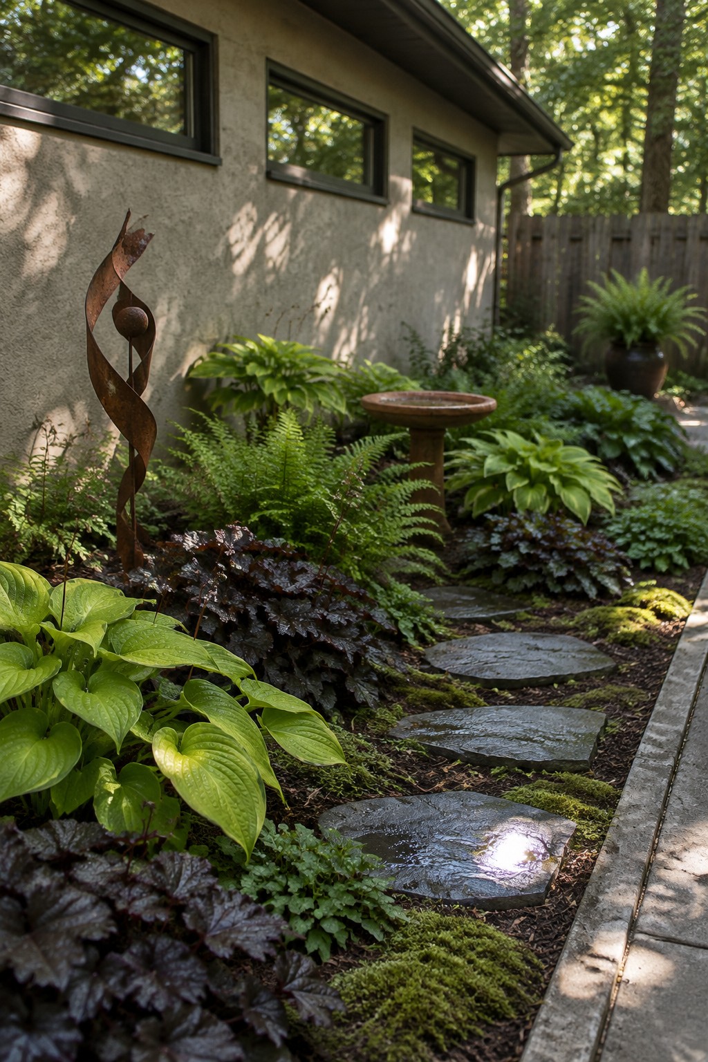 Broad-leaved hostas, ferns, and dark ground cover grow beside stepping stones near a house.