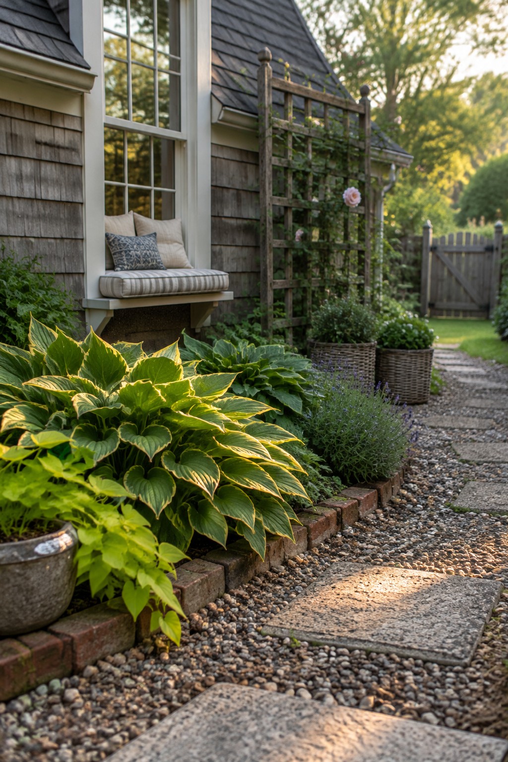 Variegated hostas grow along a brick-edged gravel path beside a shingled house.