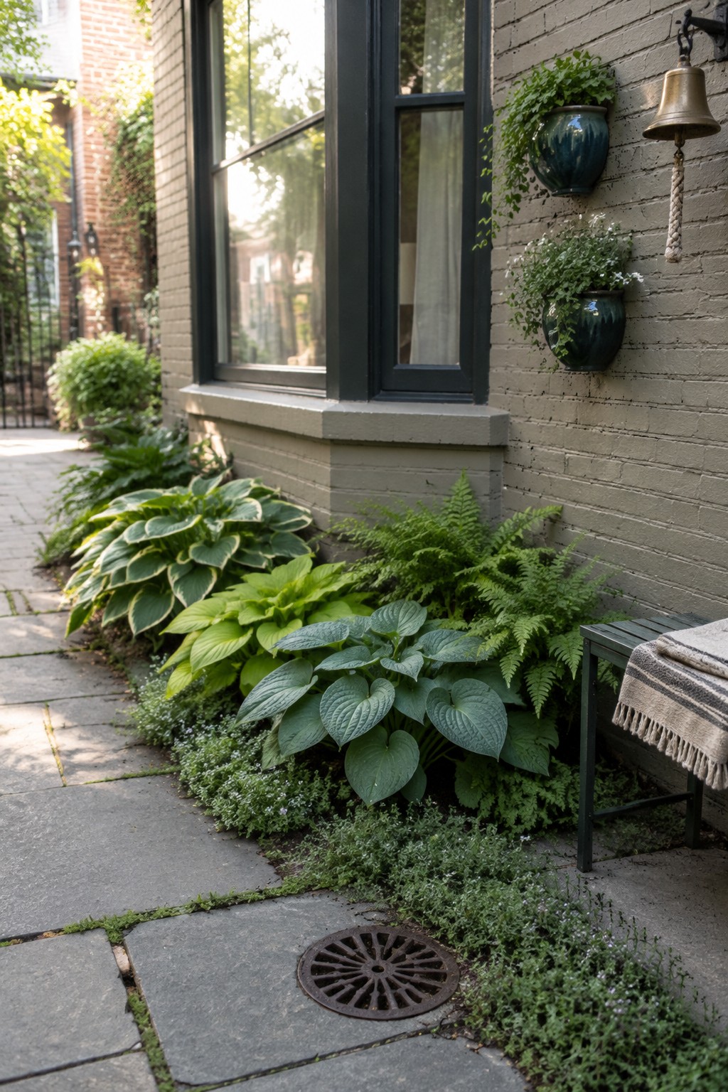 A narrow garden bed with hostas and ferns runs beside a brick house and stone walkway.
