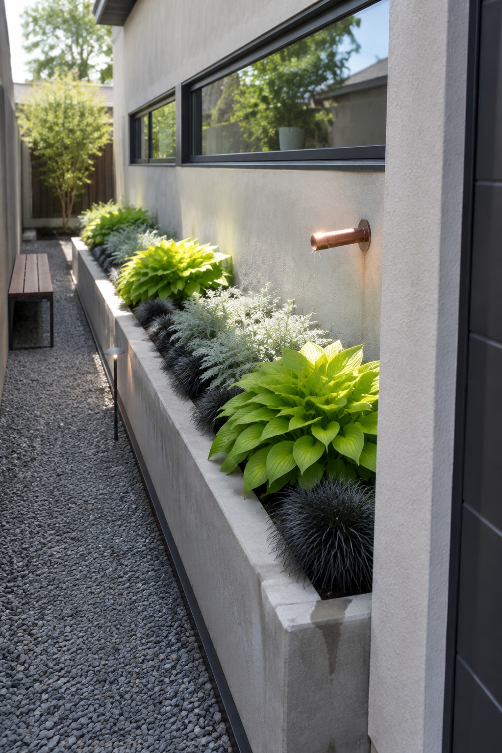 A raised concrete bed beneath long horizontal windows contains bright green hostas, silvery foliage, and dark grass-like plants beside a gravel path.