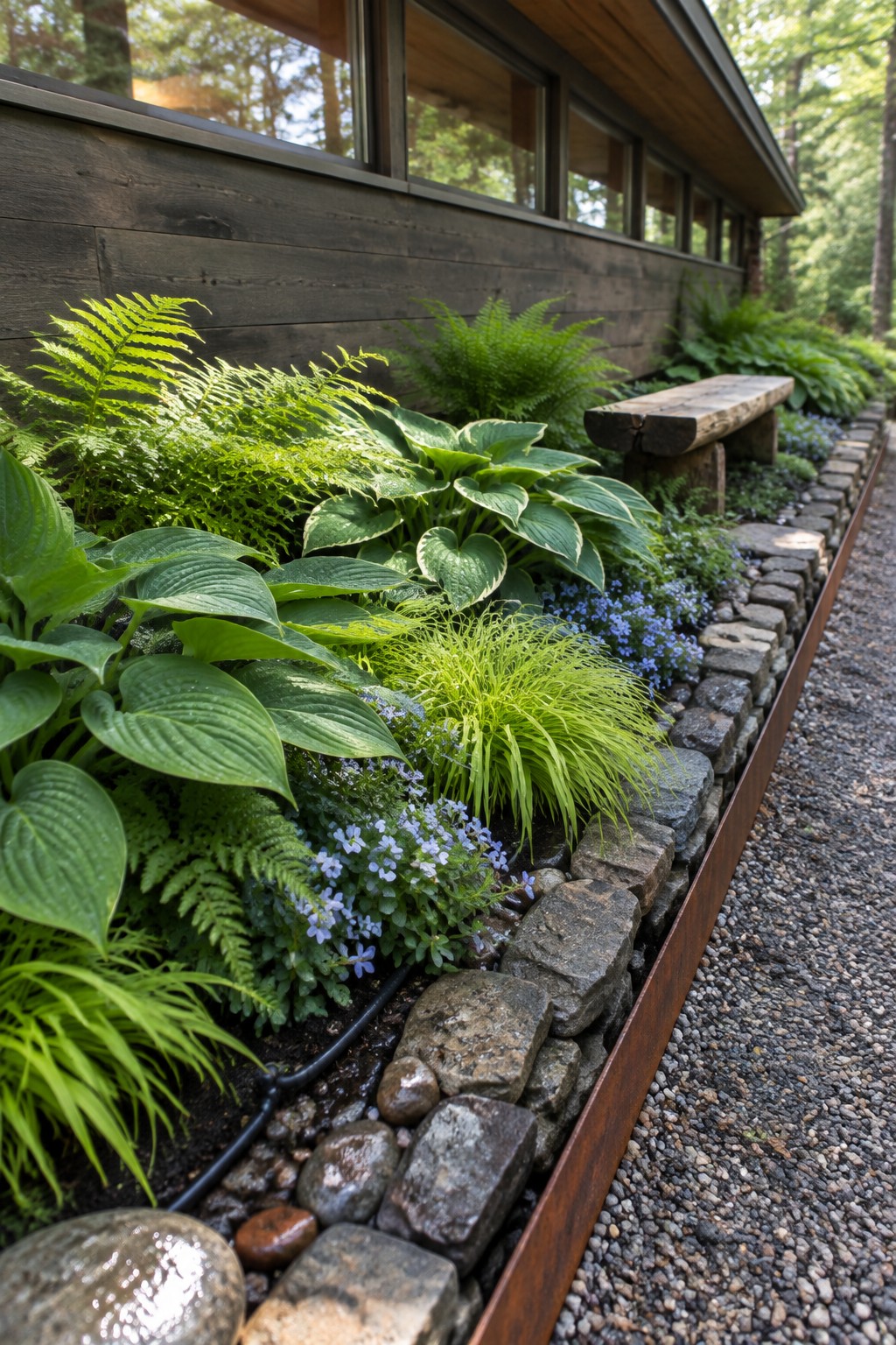 A layered garden bed with hostas, ferns, and small blue flowers beside a low stone border and gravel path.