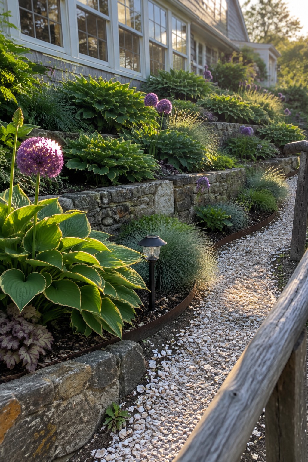 A stone-edged garden bed with hostas and purple allium flowers beside a gravel path and house windows.
