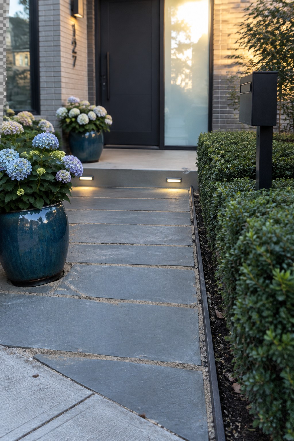 Large gray stone slabs form a walkway to a dark front door, with blue hydrangeas in pots on the left and clipped shrubs on the right.