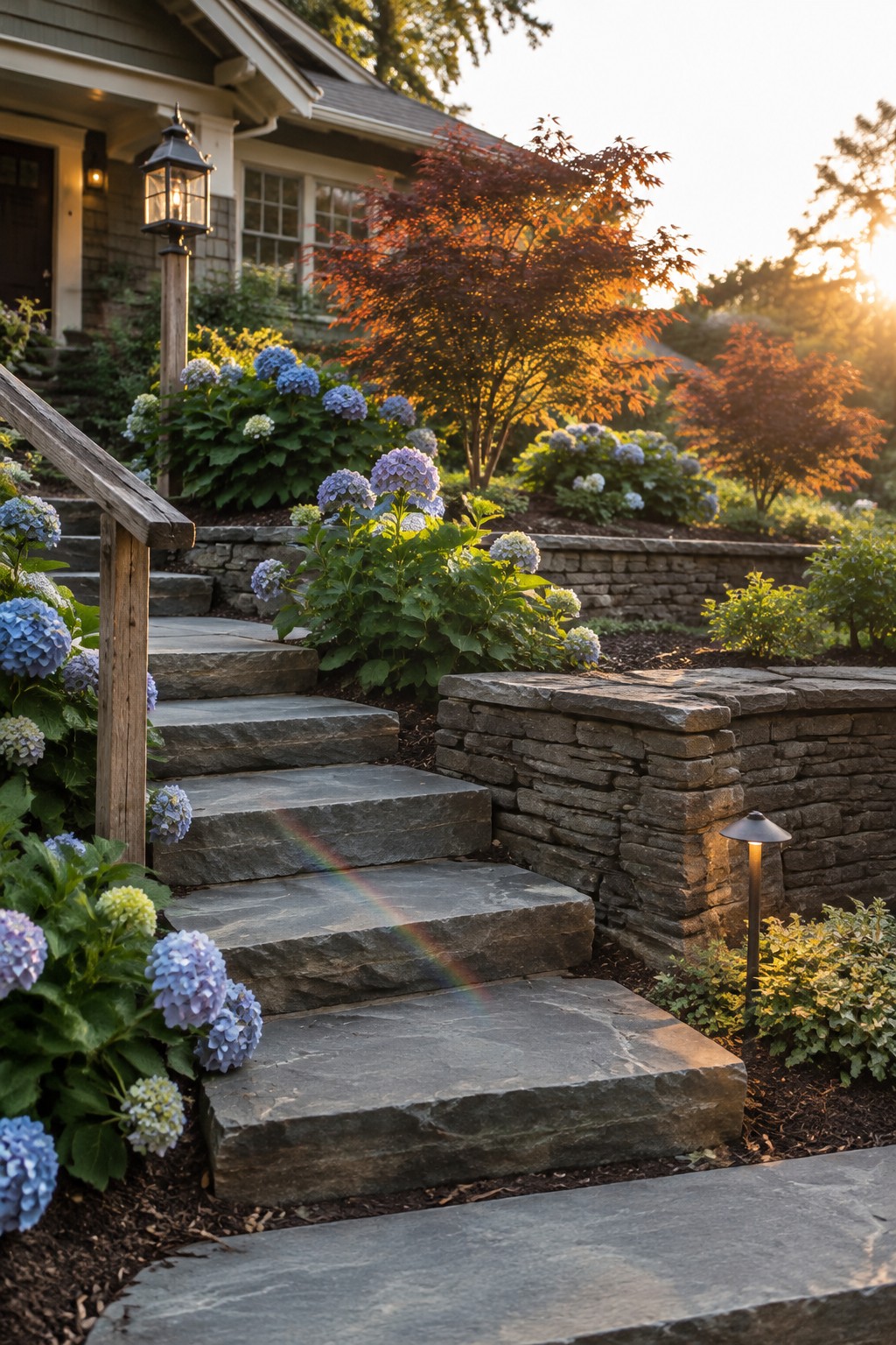 Broad stone steps climb through a garden edged with blue and purple hydrangeas, with a wooden handrail and stacked stone walls.