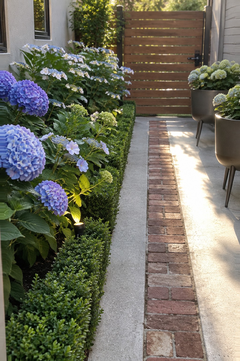 Blue and pale hydrangeas grow beside a clipped low hedge and a concrete walkway with a brick strip.