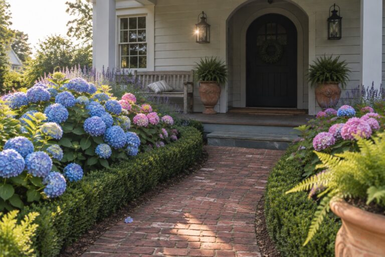 A curved brick walkway leads to a porch, bordered by blue, pink, and white hydrangeas and low clipped shrubs.