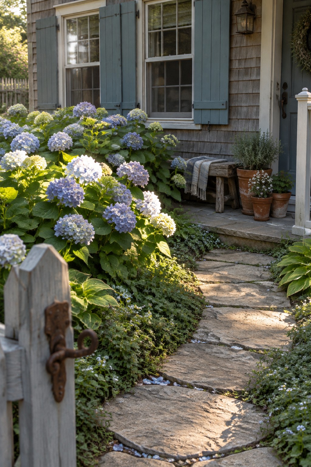 A stone stepping path curves through blue, lavender, and white hydrangeas beside a shingled house with blue shutters.