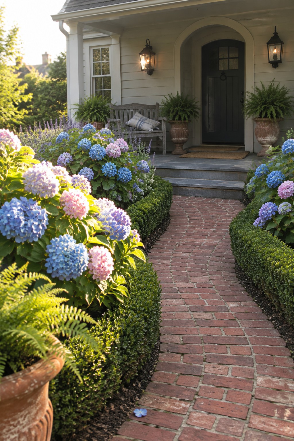 A curved brick walkway leads to a porch, bordered by blue, pink, and white hydrangeas and low clipped shrubs.