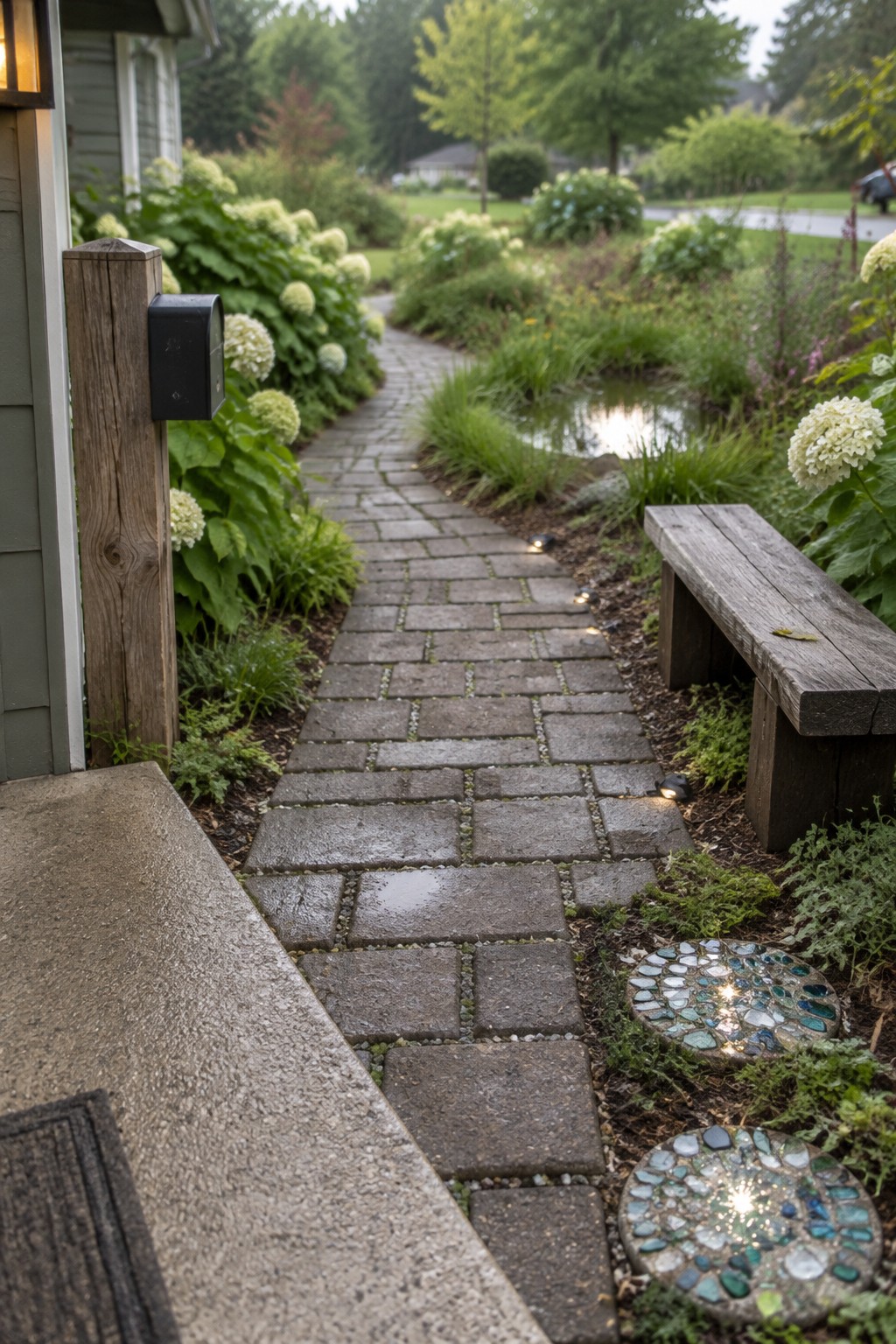 A stone walkway curves through a garden bordered by hydrangeas, with small lights beside the pavers.