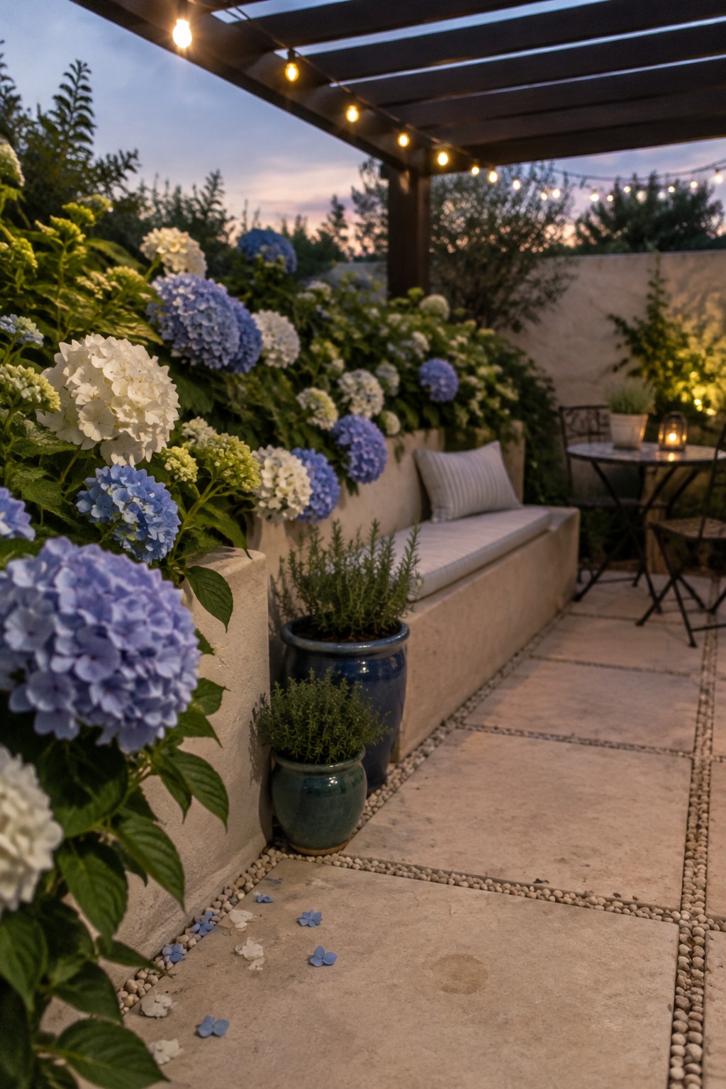 Blue and white hydrangeas border a stone walkway beside a built-in bench under a pergola with string lights.