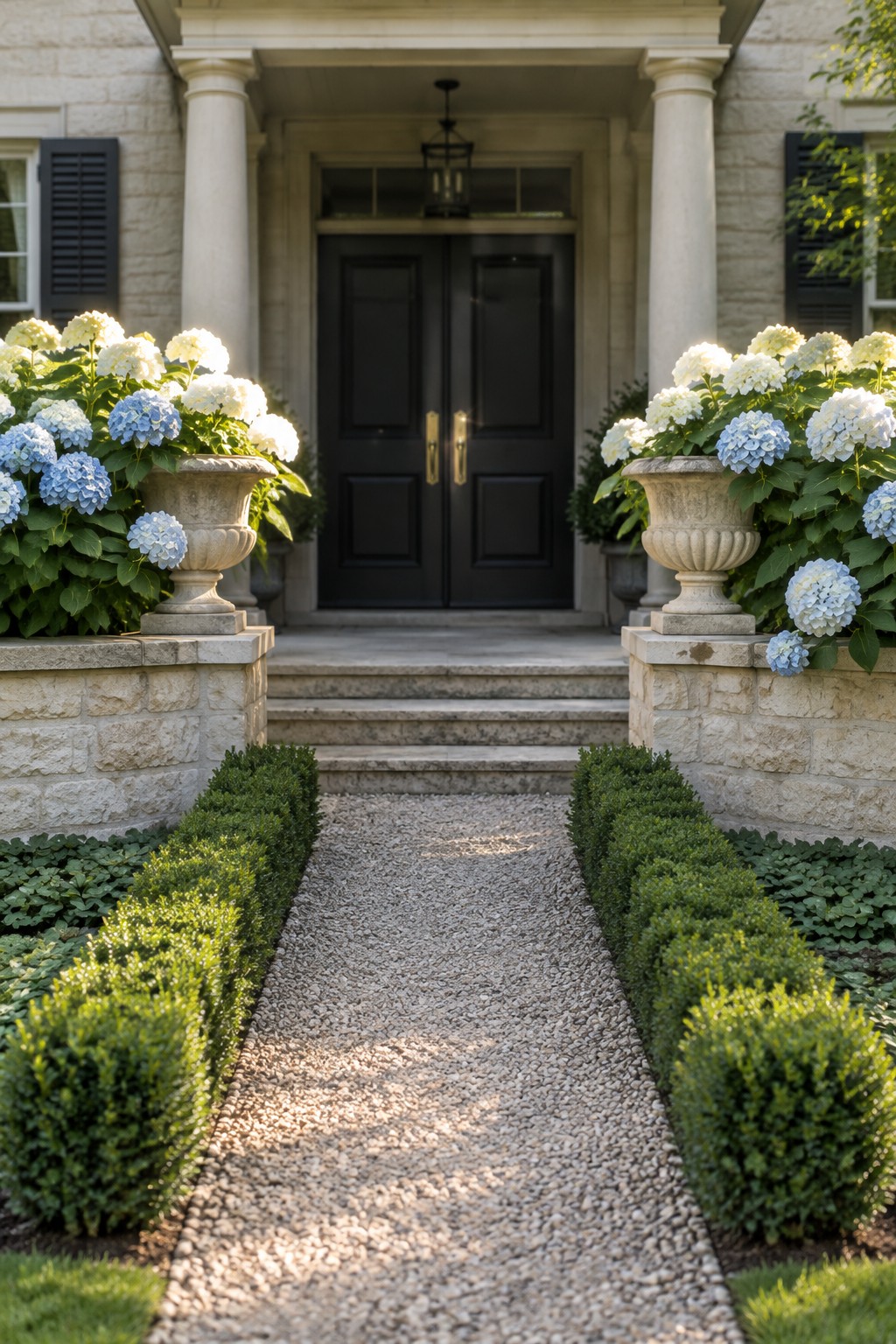 A gravel walkway bordered by clipped hedges and blue and white hydrangeas leads to a stone house entrance.