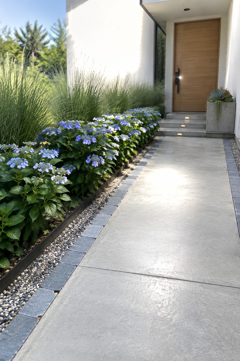Blue and white hydrangeas line a stone-edged walkway leading to a modern wooden front door.
