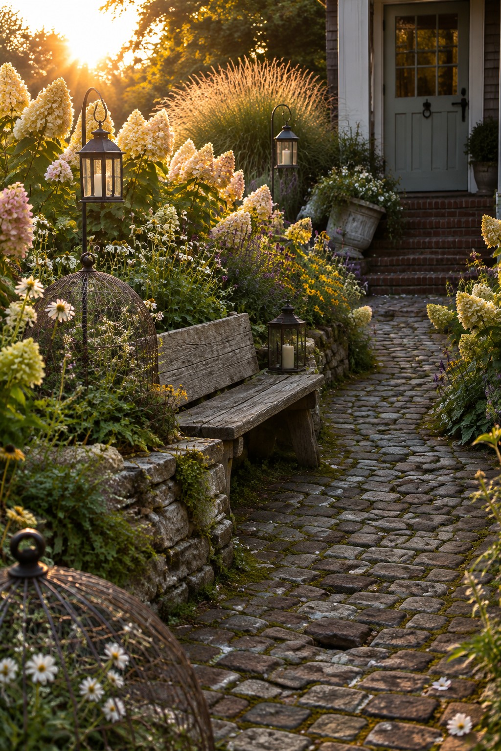 A cobblestone walkway passes through flower beds with white hydrangeas and leads to a house entrance.