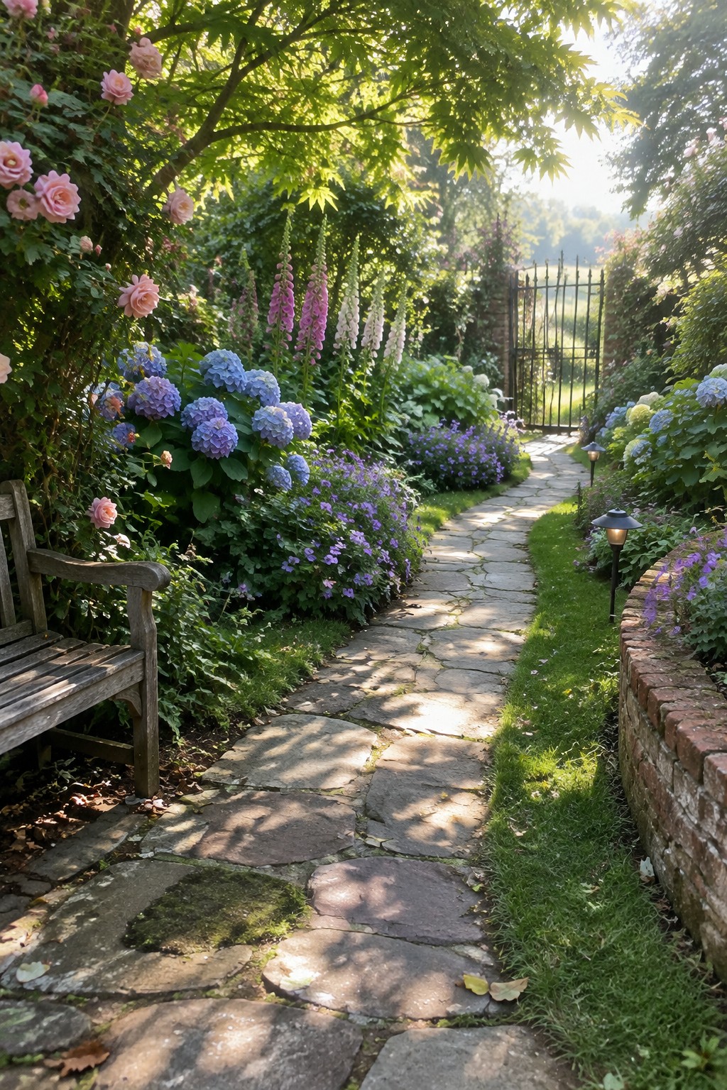 A stone path winds through a garden with blue hydrangeas, pink roses, tall foxgloves, and a black metal gate.
