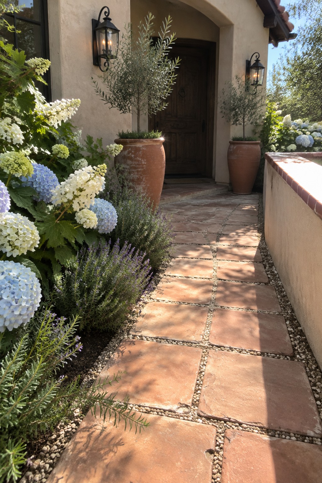 Large terracotta pavers form a walkway beside hydrangeas and lavender leading to a front door.