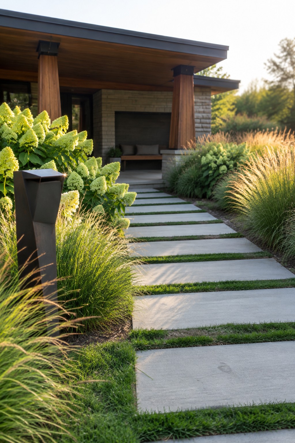 Large concrete stepping stones with grass between them lead past pale green hydrangeas to a covered modern entry.