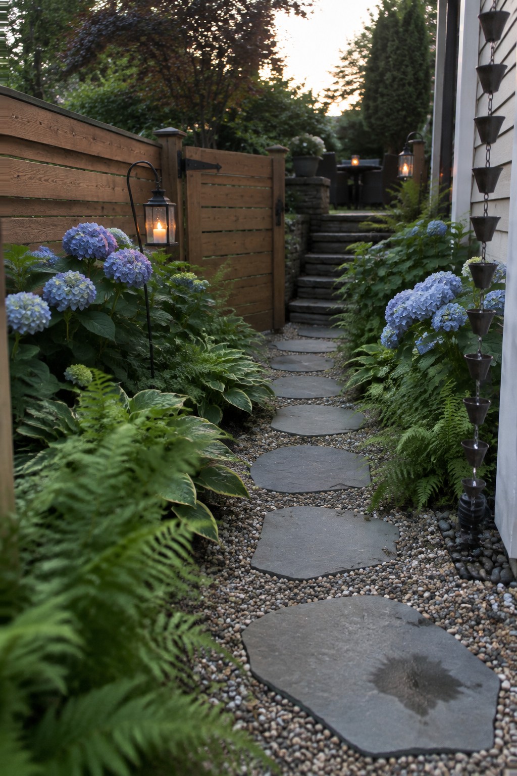 A gravel garden path with large stepping stones runs between blue hydrangeas, ferns, and a wooden fence.