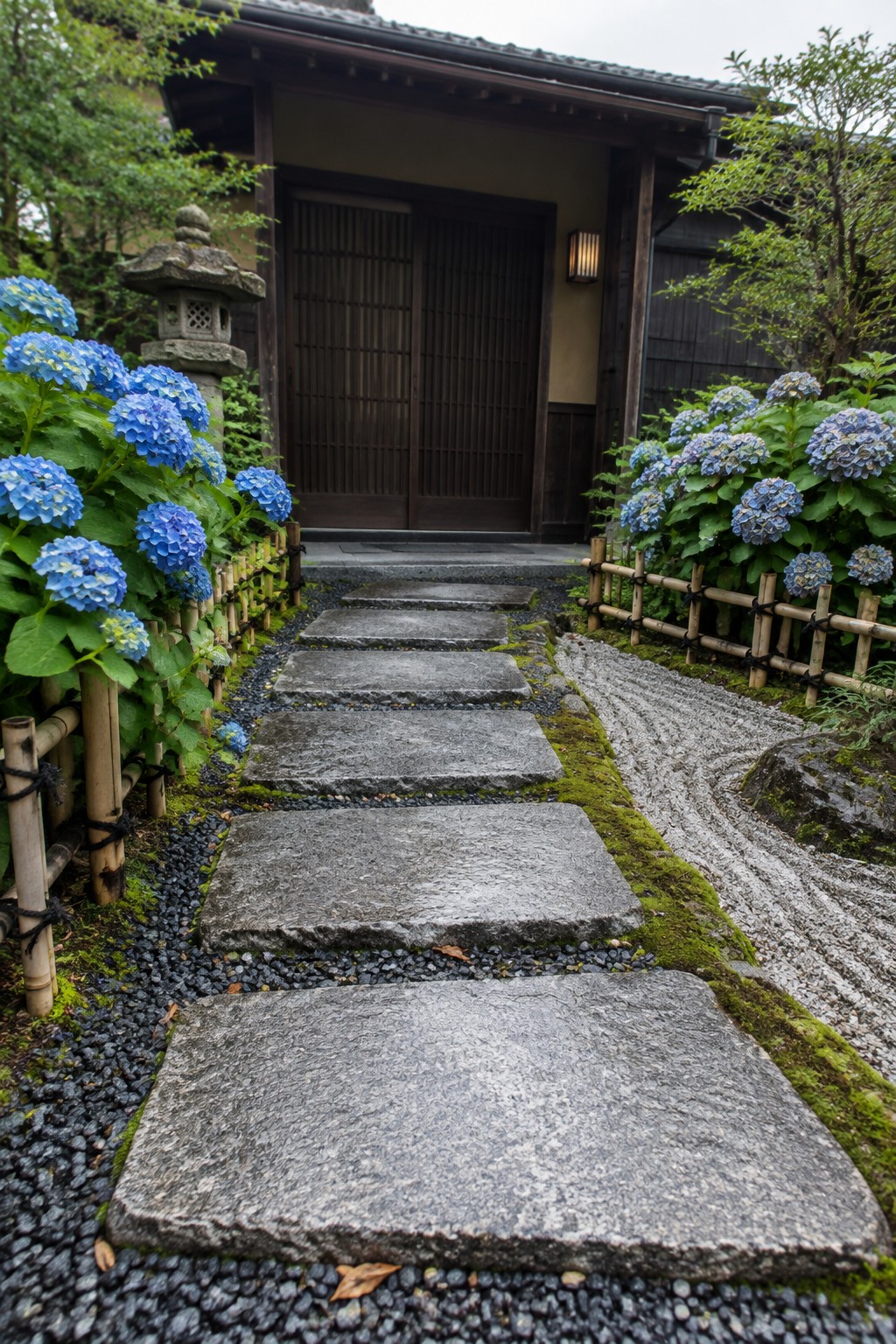 Large rectangular stone stepping pads lead through blue hydrangeas to a wooden garden entrance.