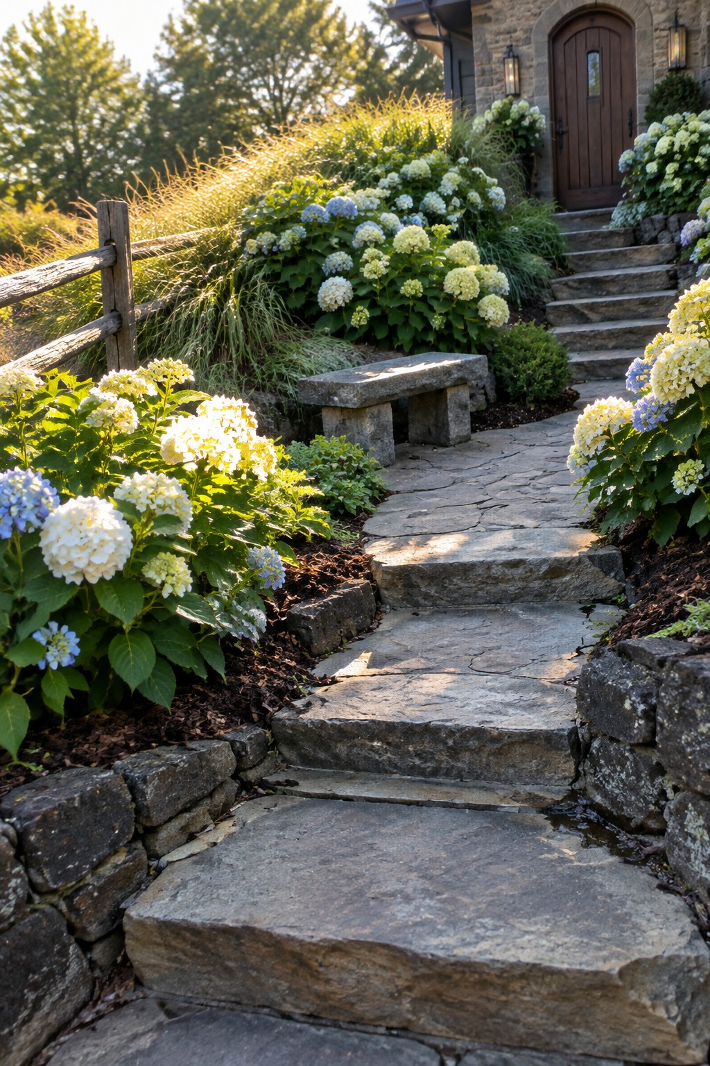 Irregular stone steps wind uphill through white and blue hydrangeas toward a wooden door.