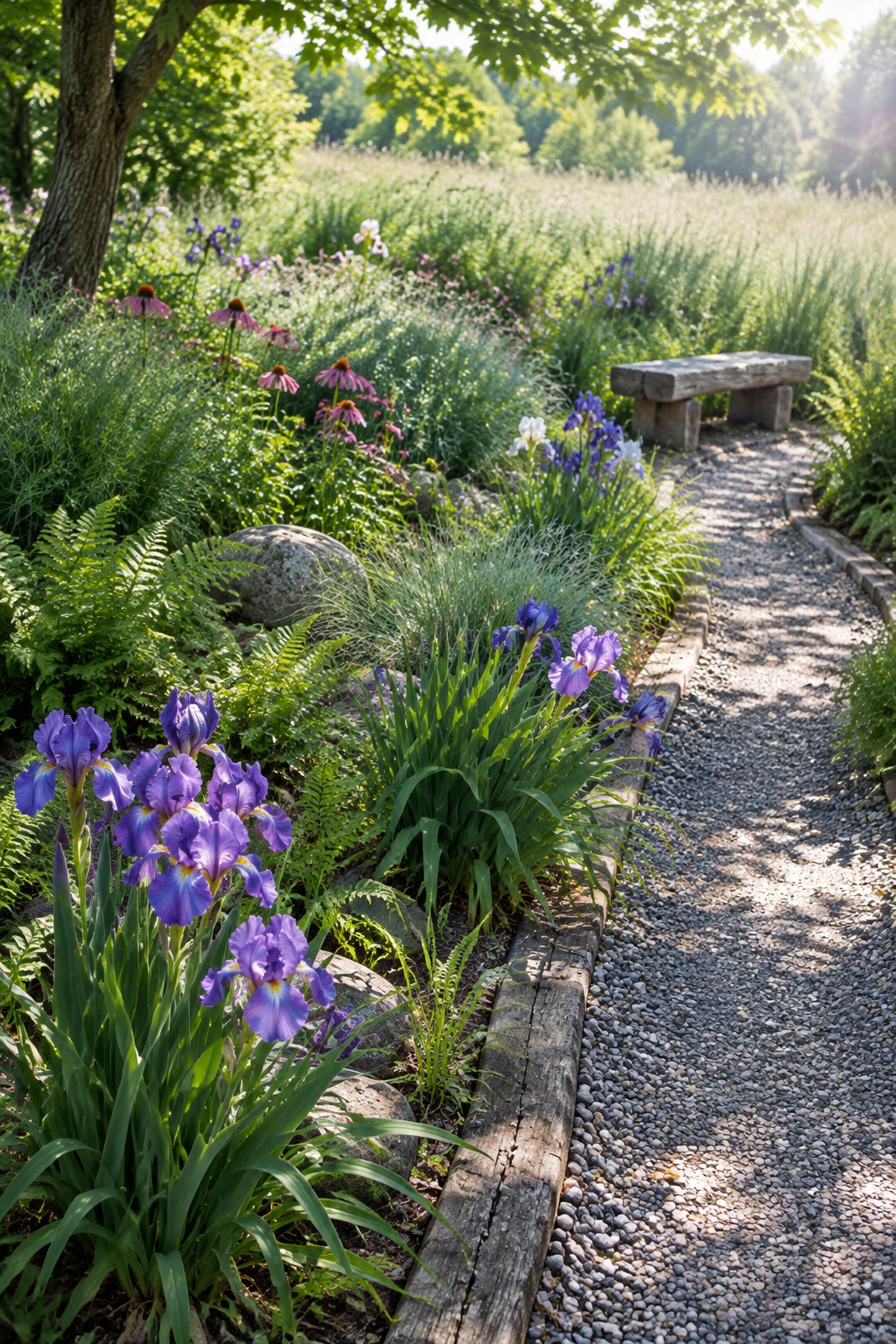 A stone bench sits beside a gravel garden path bordered by purple irises and other flowers.