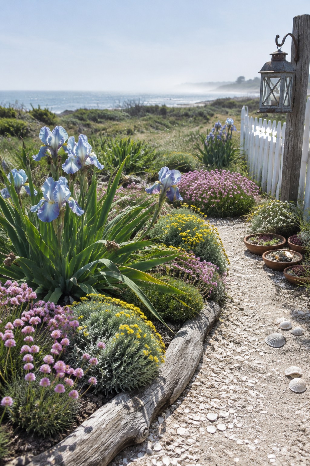 Blue irises and low pink and yellow flowers grow beside a gravel path near the coast.