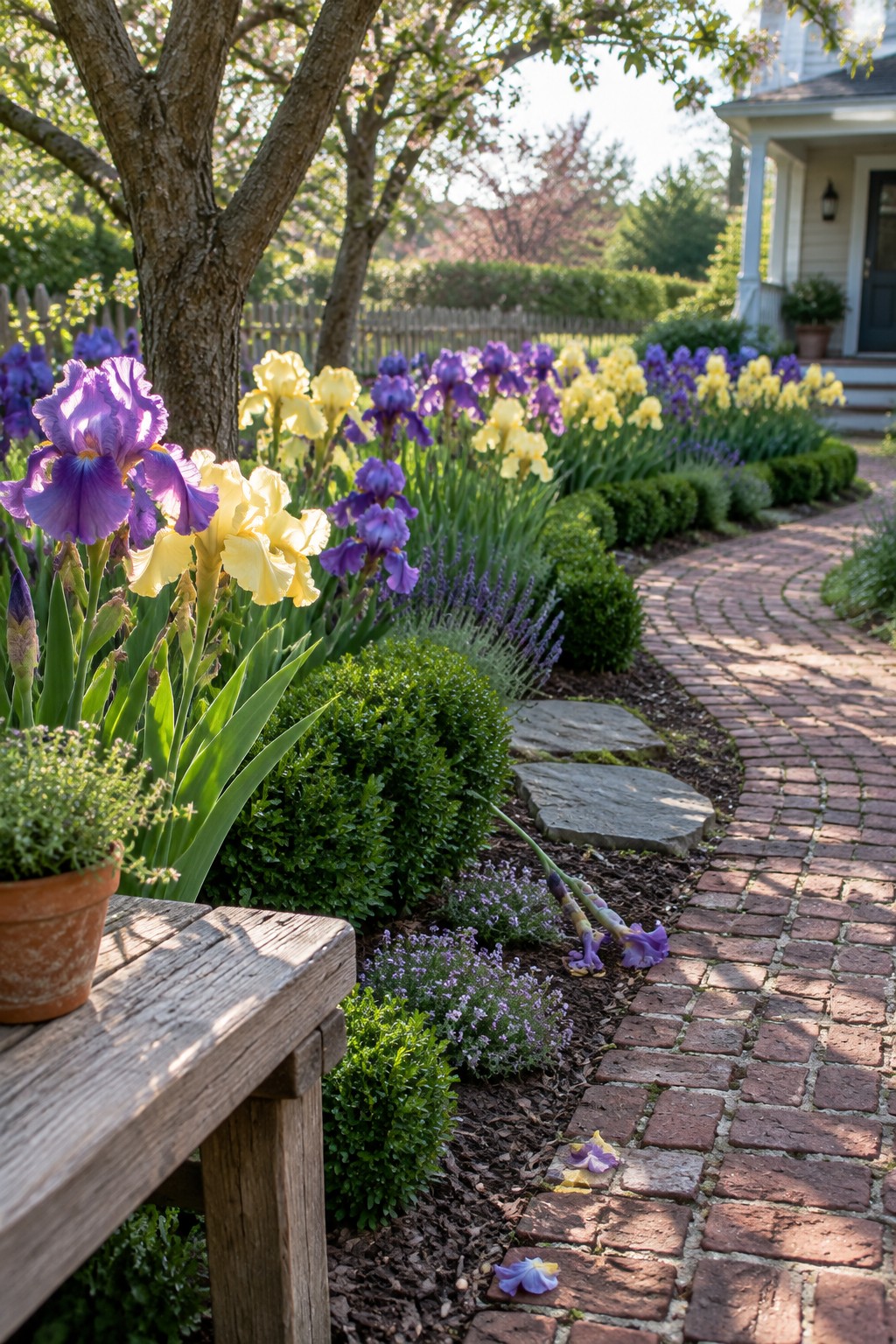 A curving brick path runs beside purple and yellow irises, clipped shrubs, and stepping stones in a front garden.