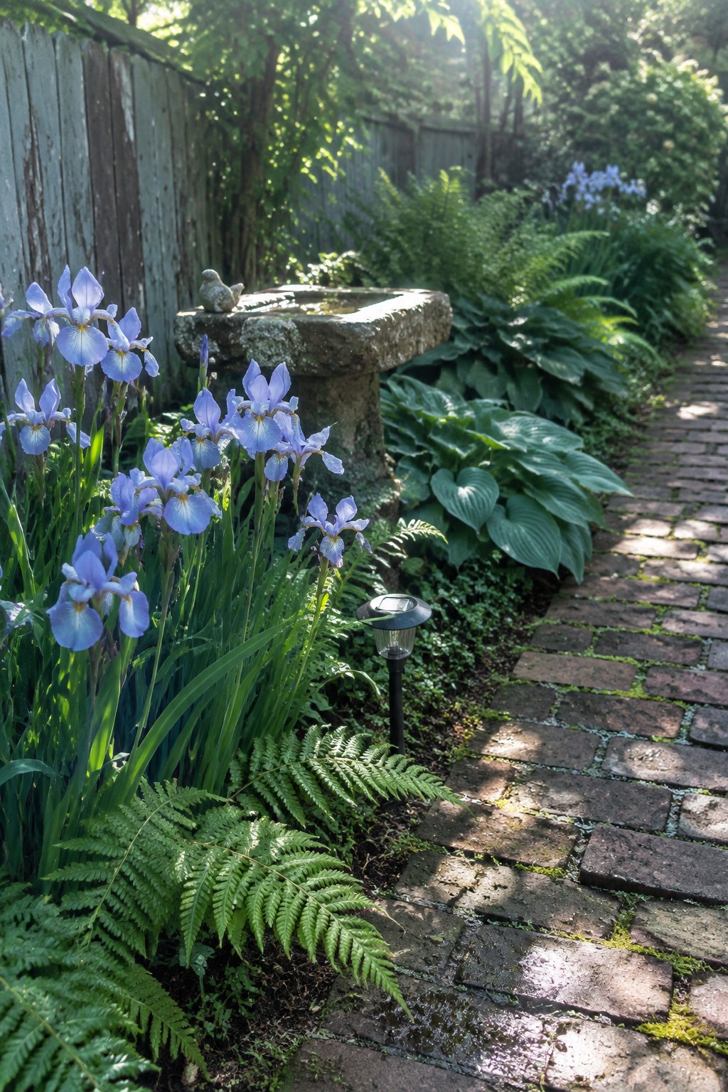 Purple irises and ferns border a brick garden path beside a stone birdbath and wooden fence.