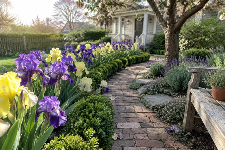 21 Iris Flower Bed Ideas for Colorful Spring Borders A curving brick path runs beside purple and yellow irises, clipped shrubs, and stepping stones in a front garden.