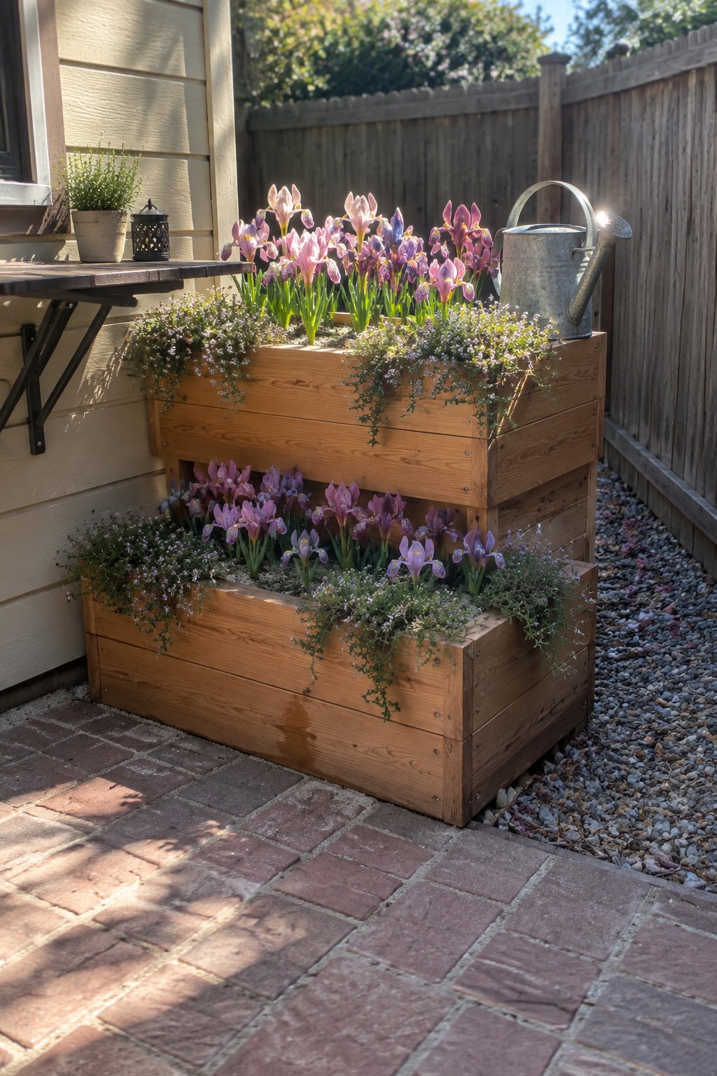 Pink and purple irises grow in two tiers of wooden planters beside a house.