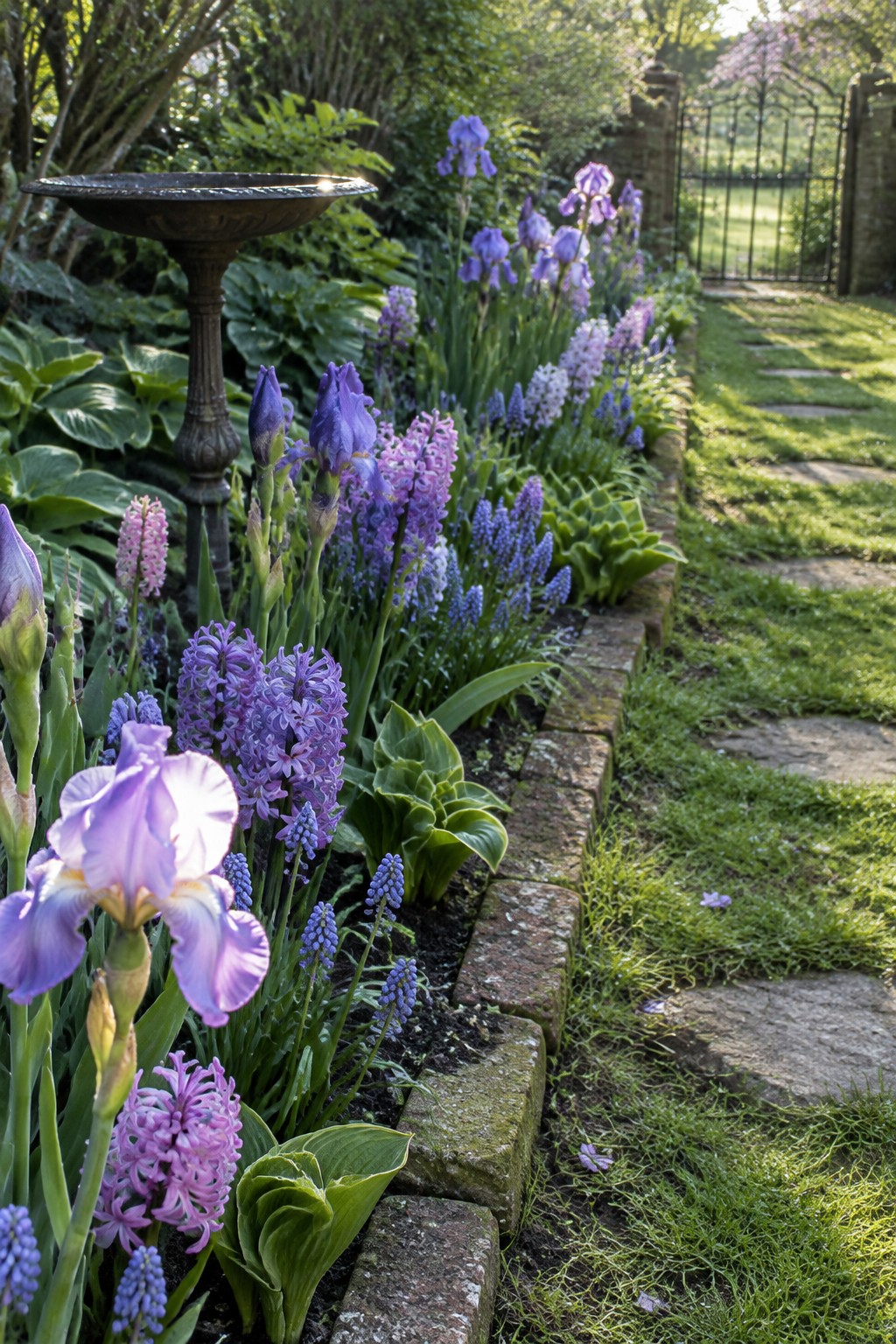 Purple irises and pink and blue spring flowers grow beside a brick-edged garden path leading to a metal gate.