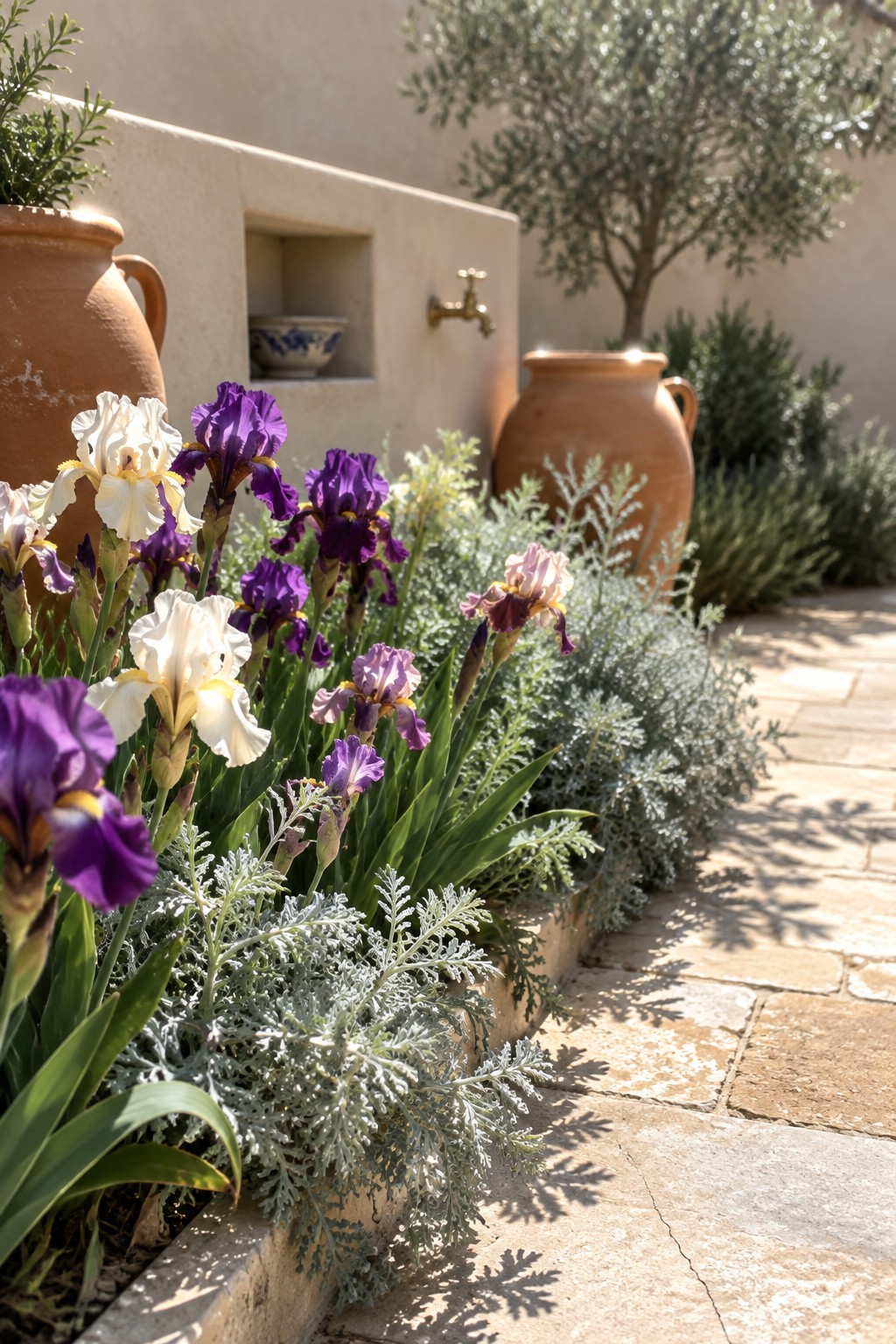 Purple, white, and pale pink irises grow in a courtyard border beside a stone path, stucco wall, and terracotta jars.