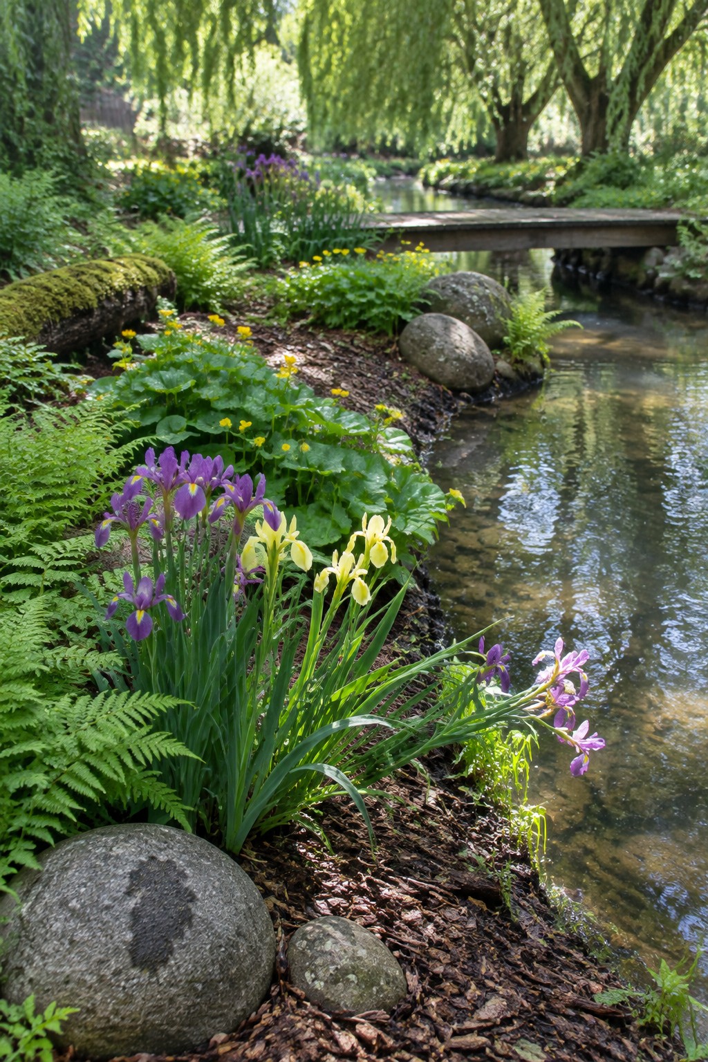Purple and pale yellow irises grow beside a shallow stream in a leafy garden.