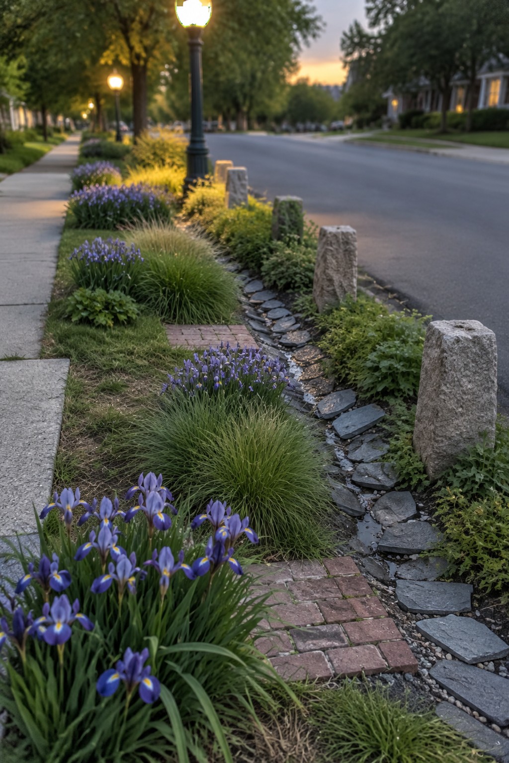 Purple irises and ornamental grasses grow beside a stone-lined drainage channel along a sidewalk.
