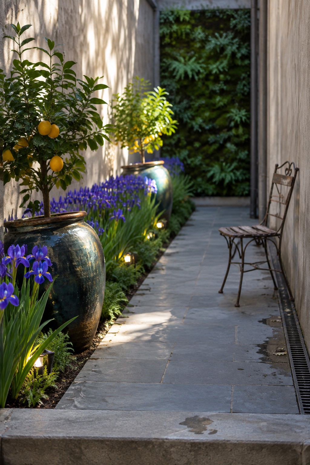 A narrow stone walkway runs beside a garden bed with purple irises, potted citrus trees, and small ground lights.