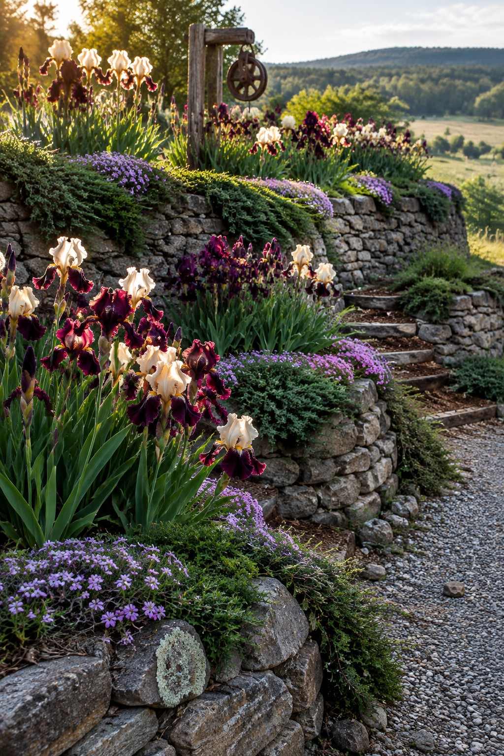 Burgundy and cream irises grow beside a curved stone retaining wall and gravel path, with stone steps leading through the garden.