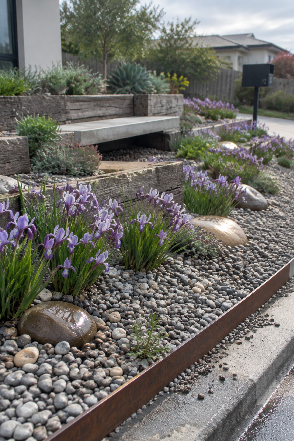 Purple irises grow among gray pebbles in a raised garden bed edged with rust-colored metal.