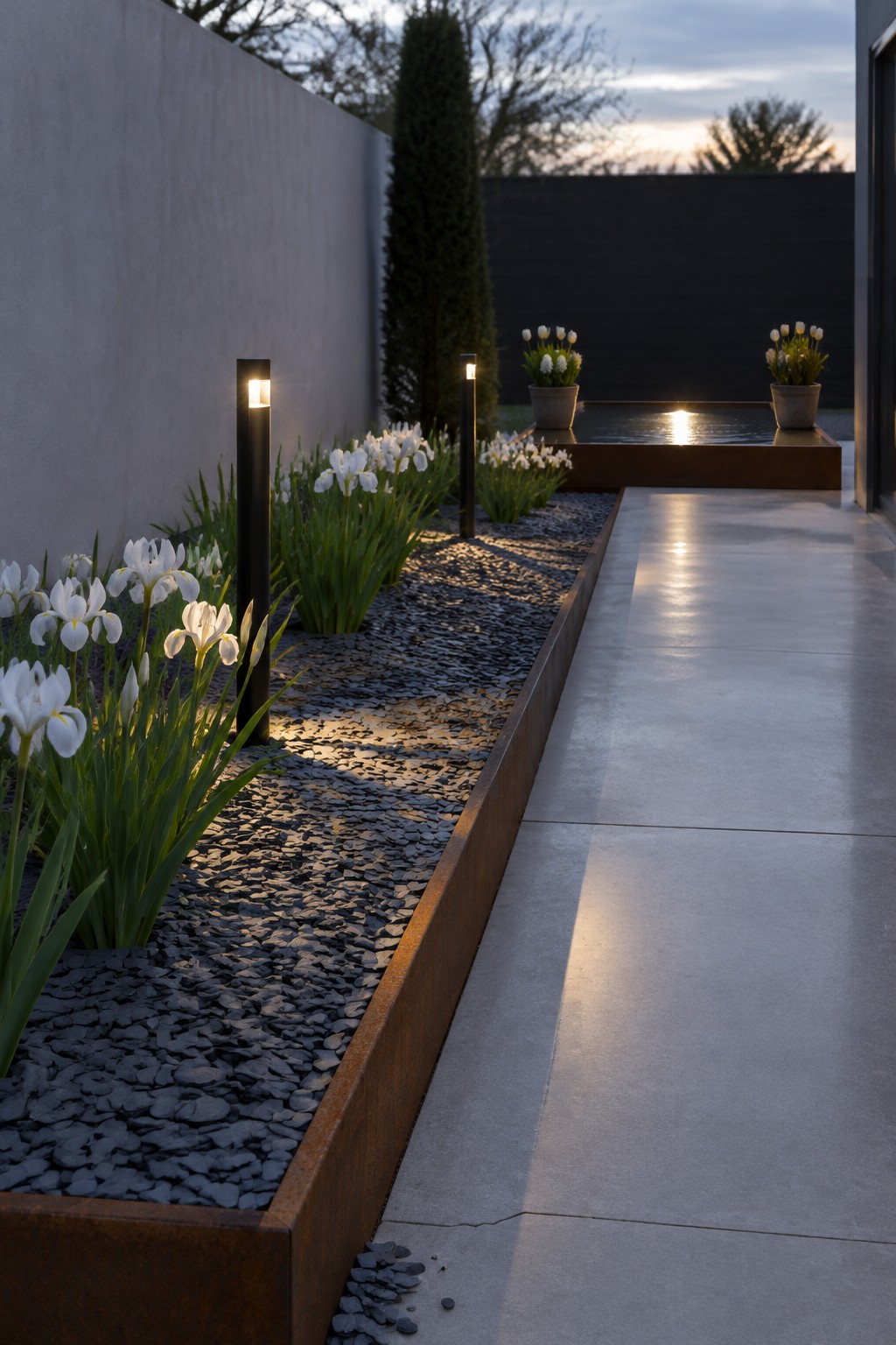 White irises grow in a raised gravel bed beside a concrete walkway, with black path lights along the border.