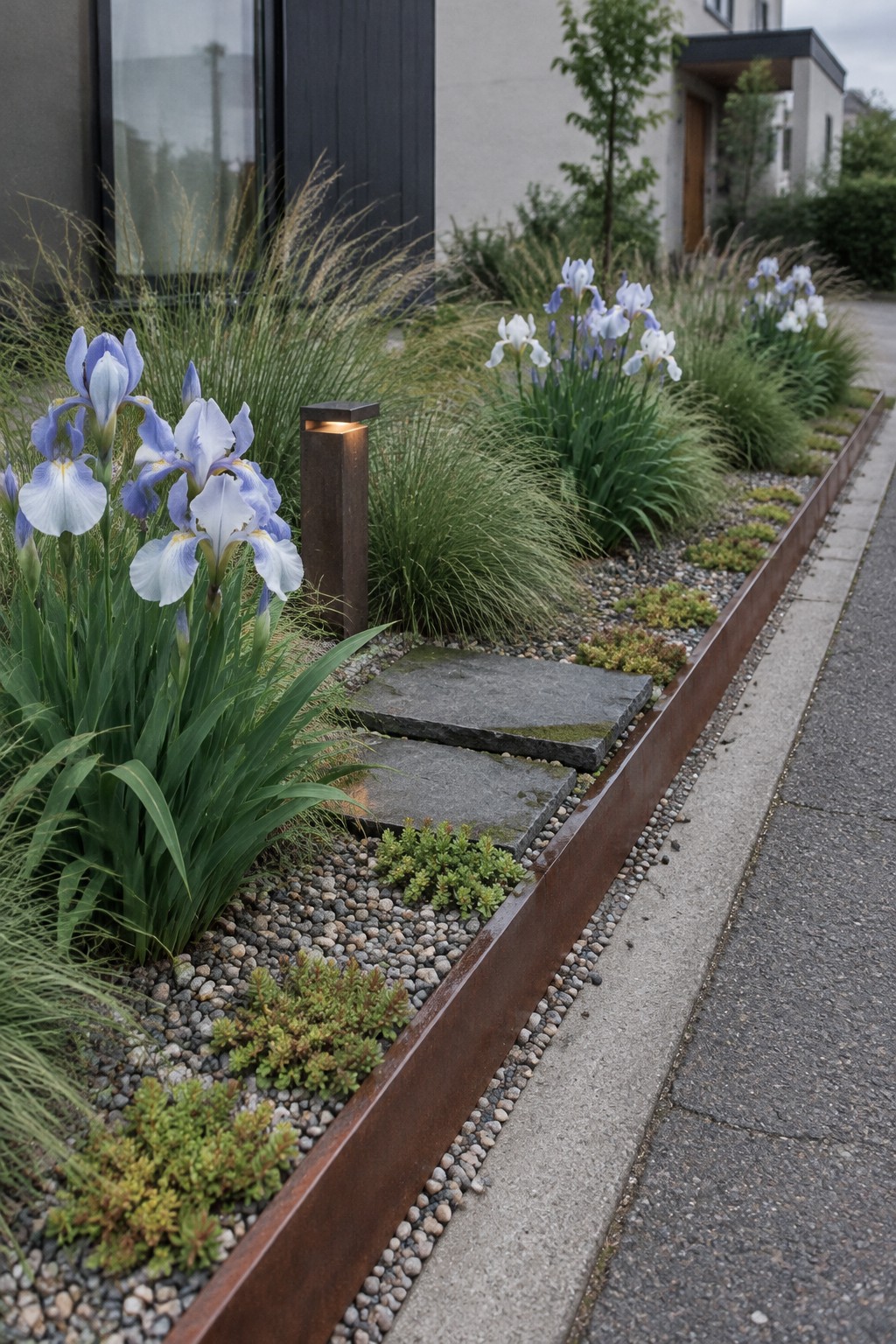 Purple and white irises grow among ornamental grasses and ground cover in a gravel garden bed edged with rust-colored metal.