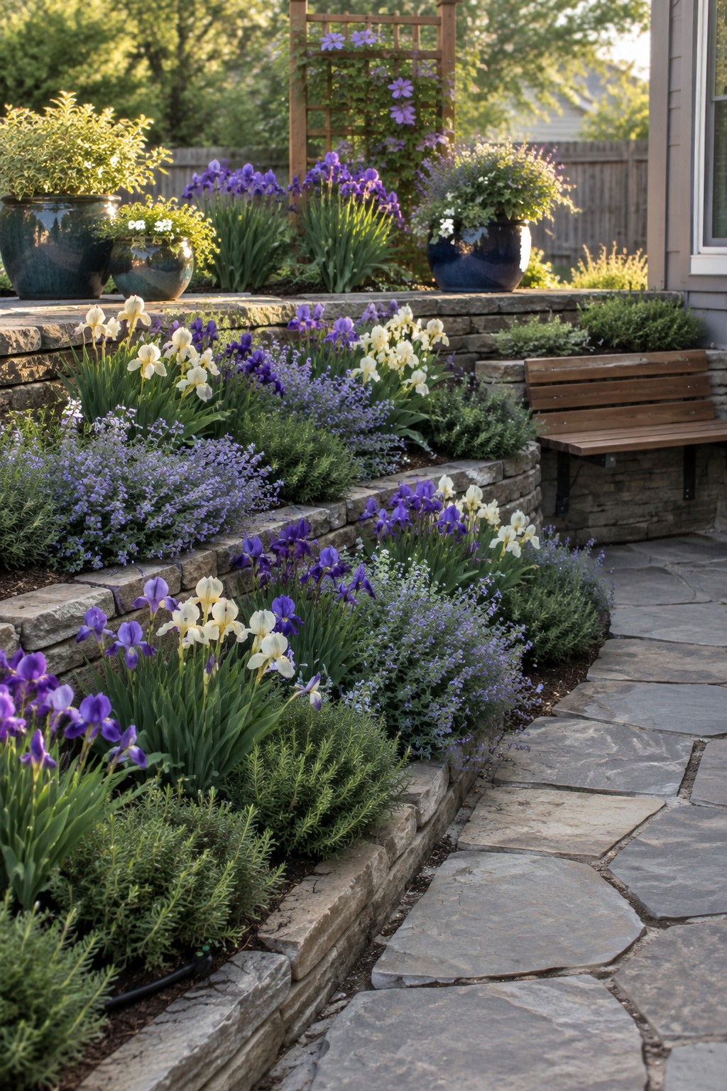 Purple and white irises and blue groundcover grow in tiered stone-edged garden beds beside a flagstone path.