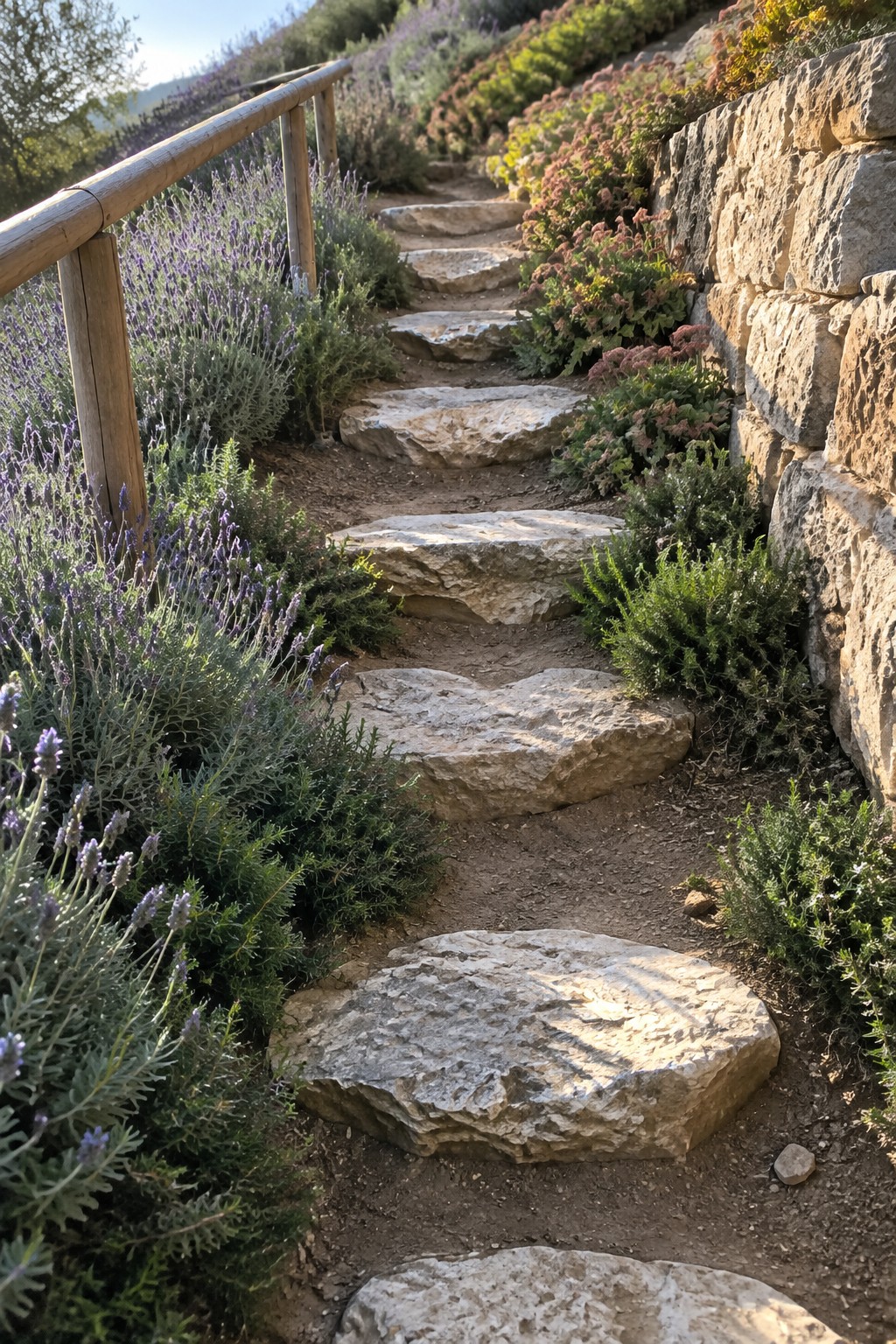 Broad irregular stone steps climb a garden path beside lavender and a low stone wall.