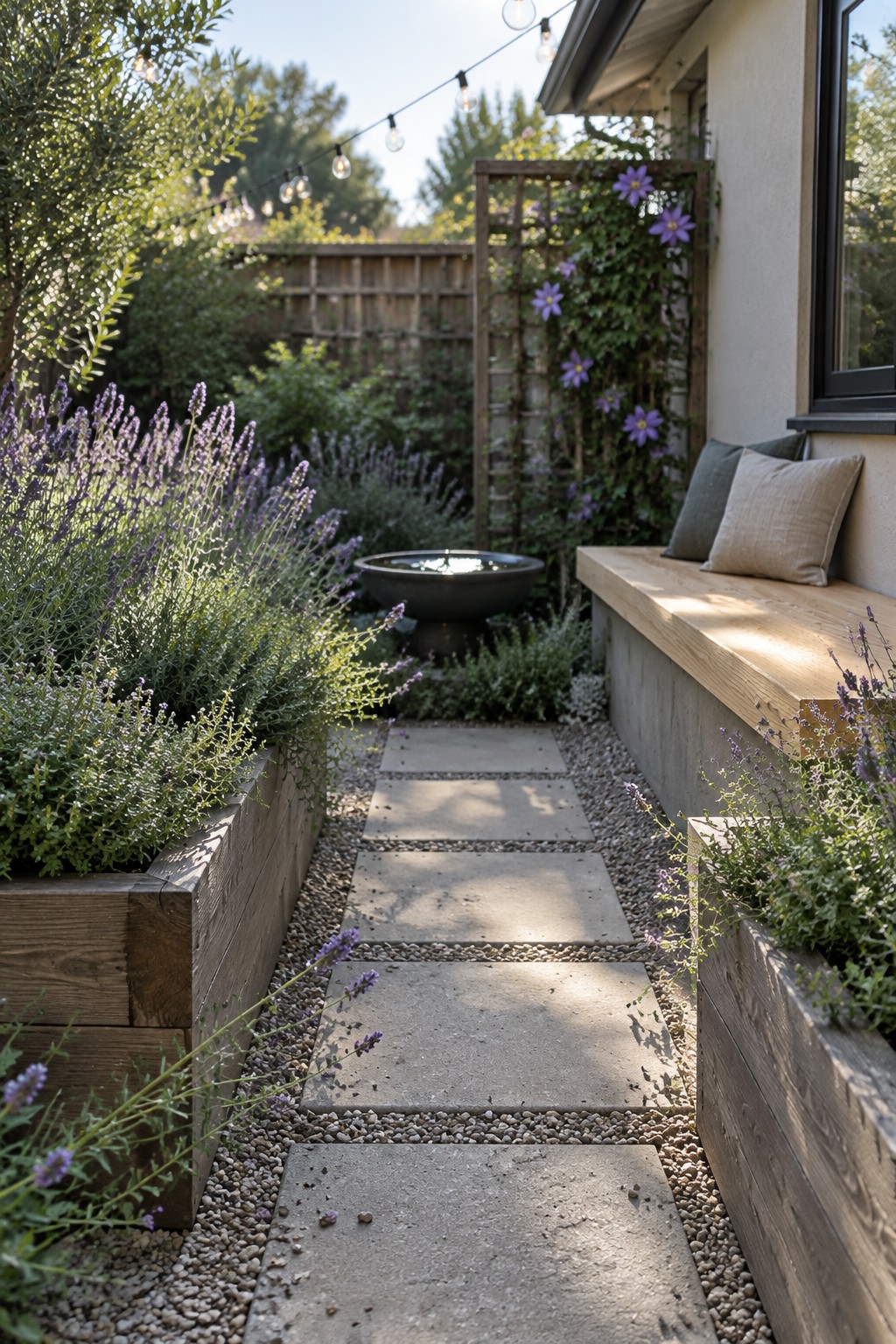 Broad concrete stepping stones run through a gravel walkway bordered by lavender and raised wooden planters.