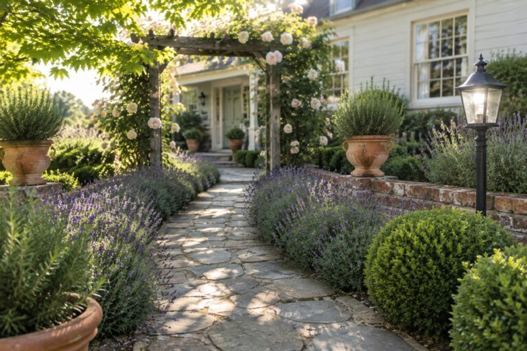A stone path runs through a garden bordered by lavender and clipped shrubs, with a rose-covered wooden arbor nearby.