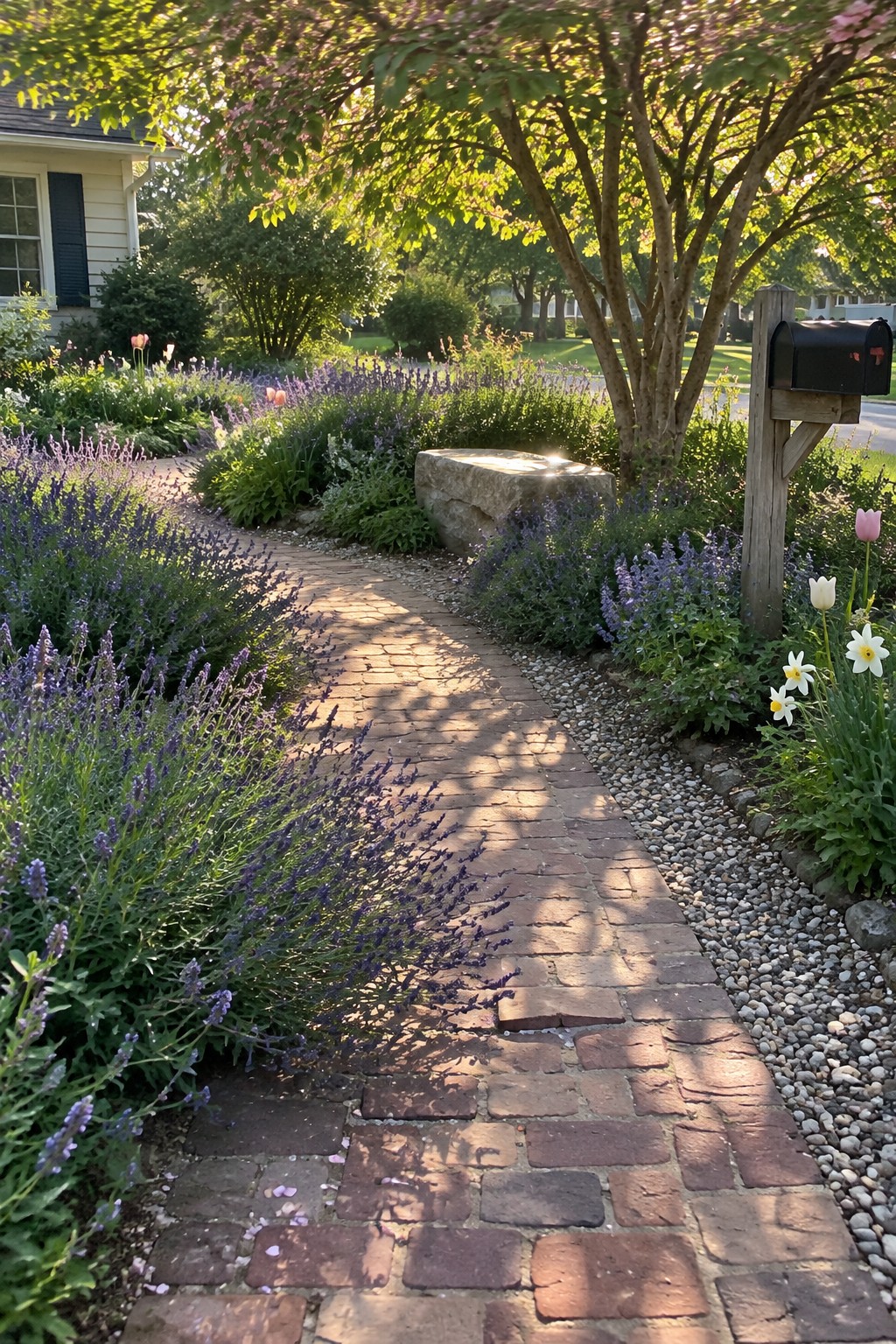 A curved brick walkway passes through lavender and other flowers beneath a leafy tree.