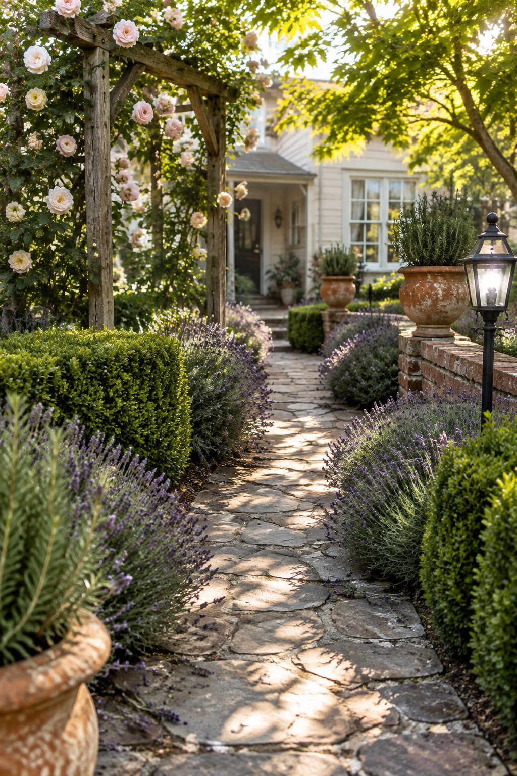 A stone path runs through a garden bordered by lavender and clipped shrubs, with a rose-covered wooden arbor nearby.