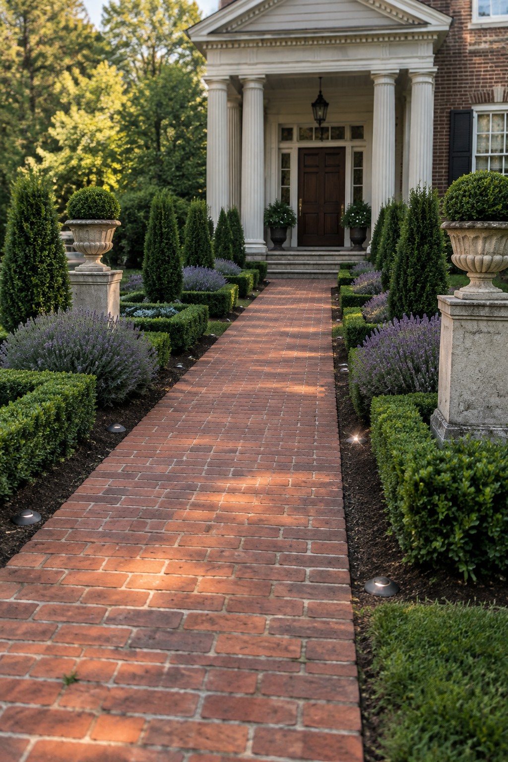 A brick walkway passes through clipped hedges and lavender beds toward the front door of a brick house.