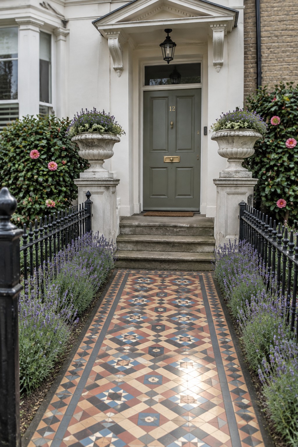 A patterned tile walkway leads to a gray front door, with lavender planted along the path.