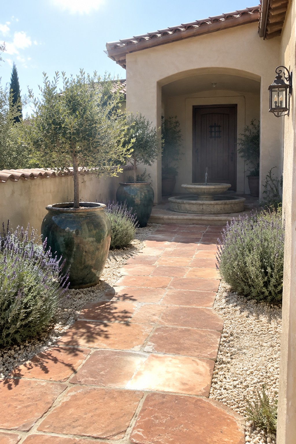 Irregular terracotta-colored stone pavers form a walkway through gravel and lavender plants toward a recessed front entry.