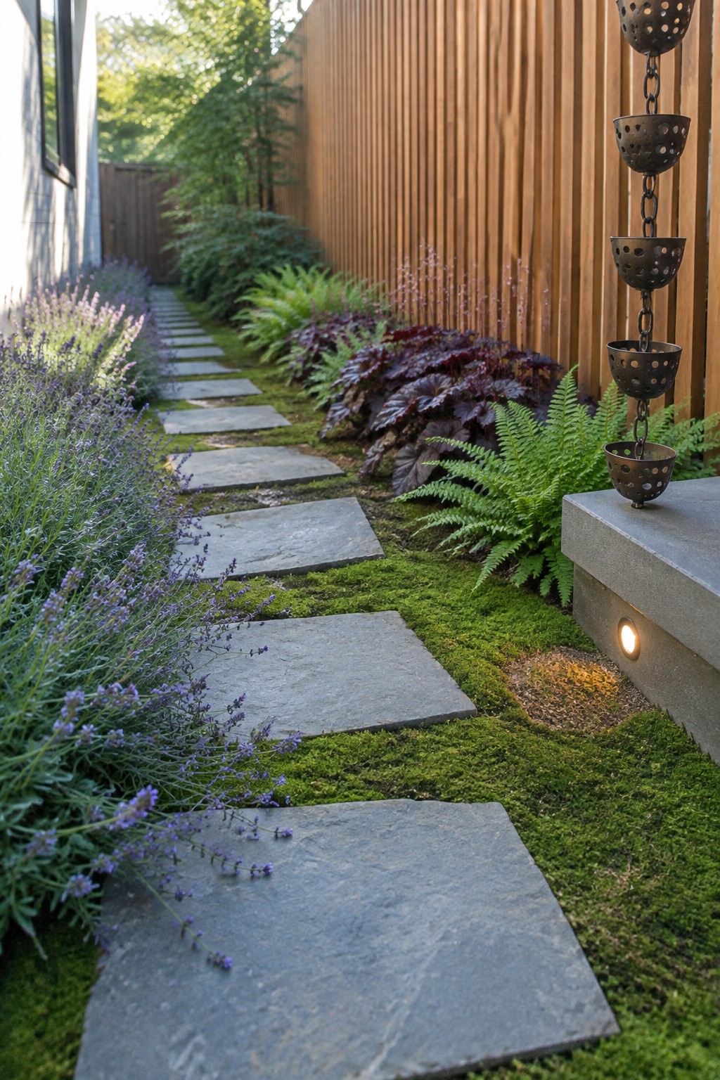Irregular gray stone slabs form a path through moss beside lavender, ferns, and a wooden fence.