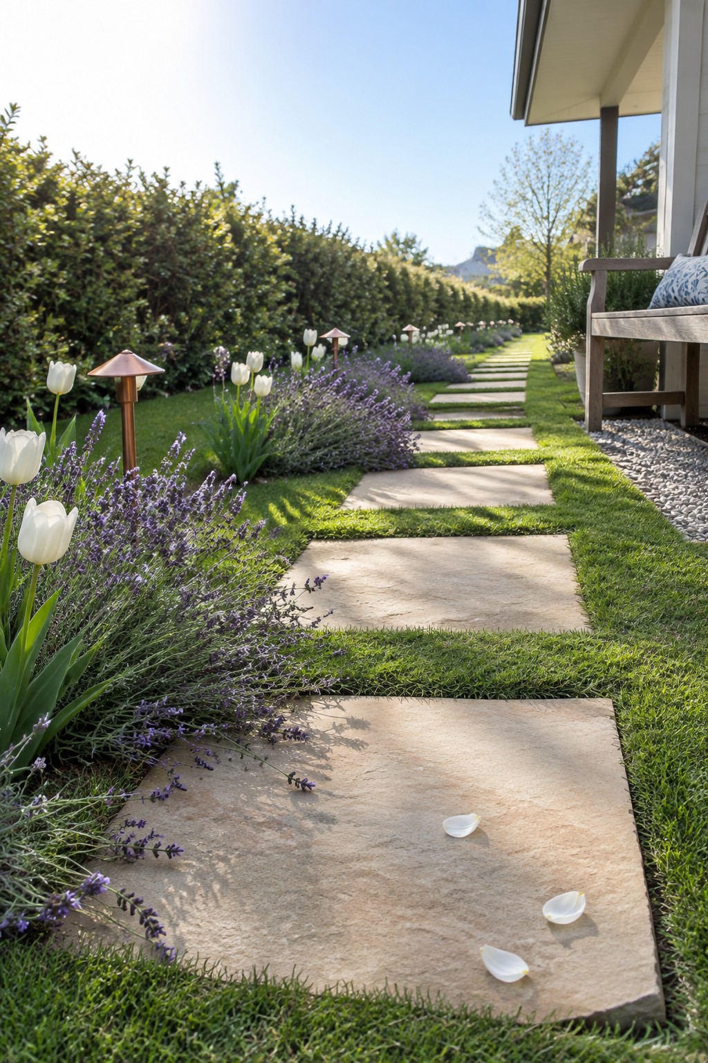 Large rectangular stone slabs form a walkway through grass beside lavender and white tulips.